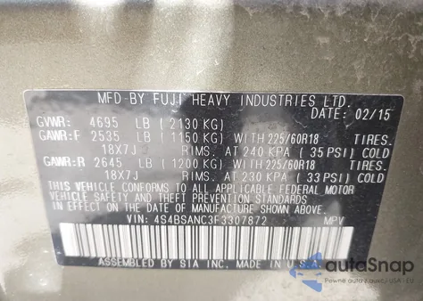 2015 Subaru Outback 2.5I Limited из США, поврежденный, VIN 4S4BSANC3F3307872